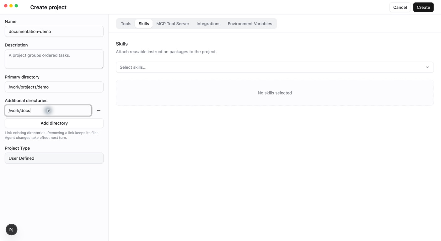 AGW Desktop: configure a Project’s primary workspace and additional directories. Replace the example paths with real directories on the execution host.