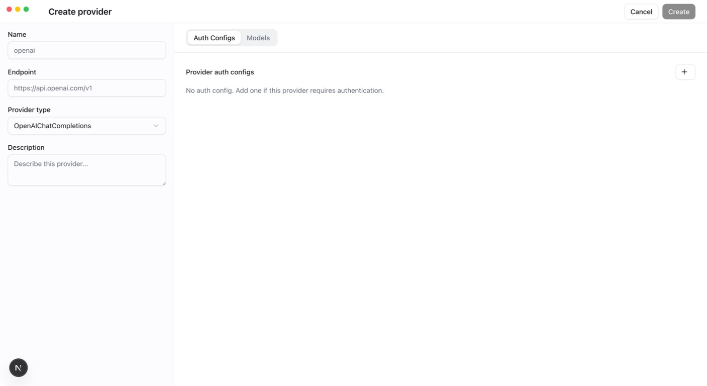 AGW Desktop: create a Provider with its protocol, endpoint, authentication, and models. No credentials have been entered.